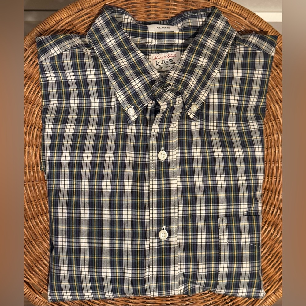 J. Crew Secret Wash Cotton Poplin Shirt Button Collar Blue/Yellow Plaid Classic